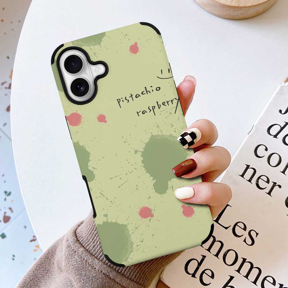 iPhone 16 fiber skin case with green abstract pattern and text 'Everything's amazing', protective cover.
