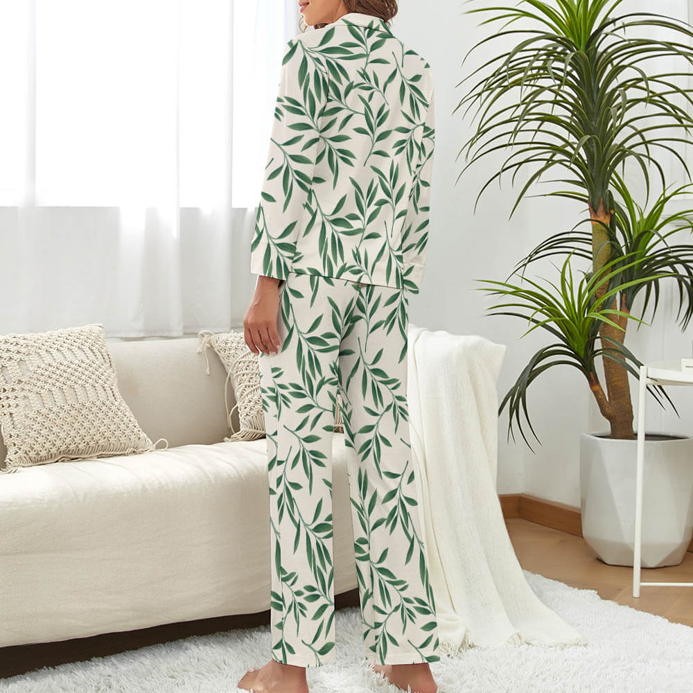 Women's floral pajama set featuring a V-neck top and trousers.