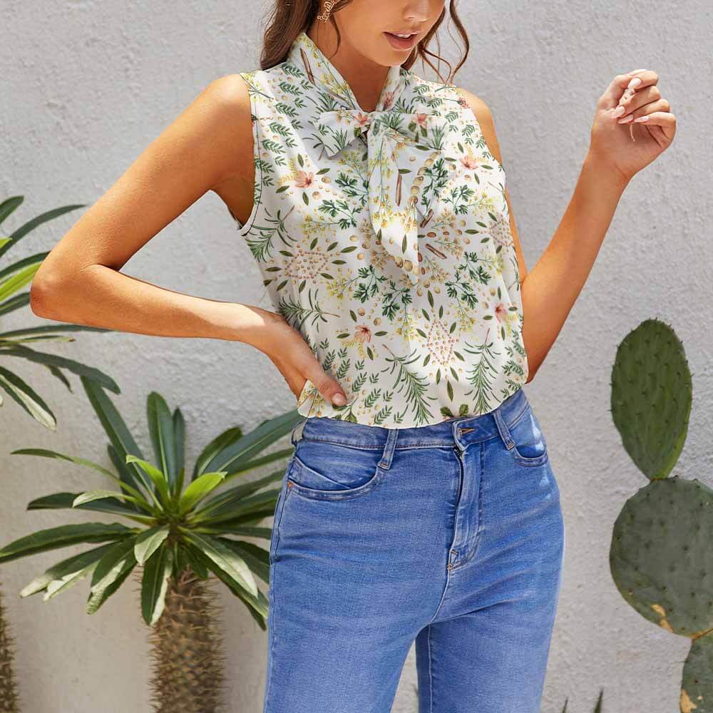 Summer sleeveless top with floral print and tie detail, Inkedjoy