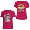 Red cotton surfing T-shirt, front and back print: Wild Wave California, Catch the Wave Surfing. Summer fashion.