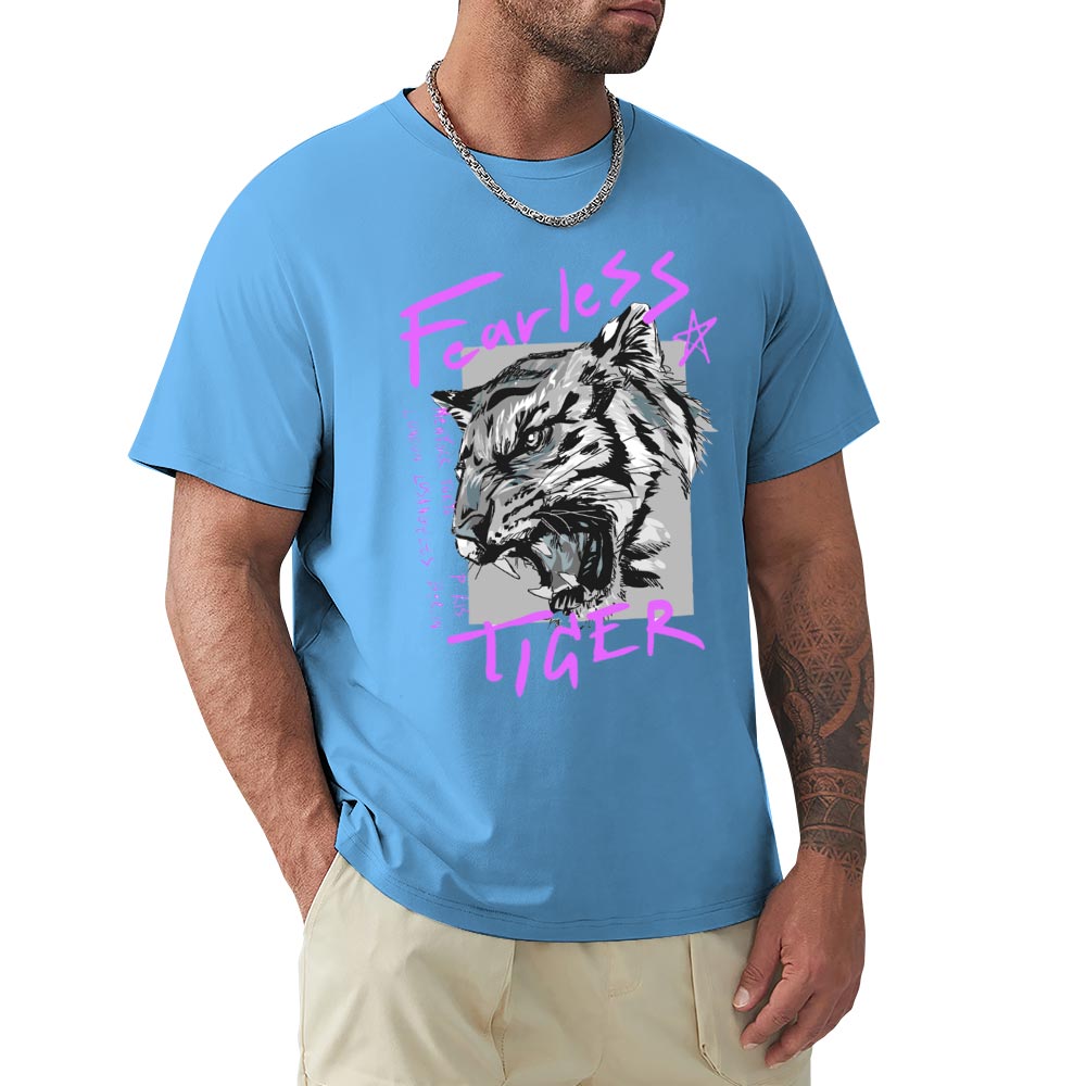 Men's light blue 100% cotton Fearless Tiger graphic T-shirt, front and back view, collection.