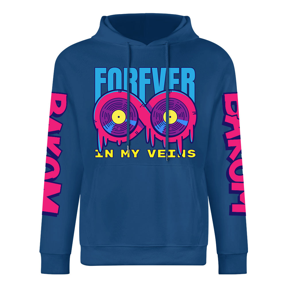 Navy blue cotton hoodie with 'FOREVER' donut graphic, DAKUM sleeve prints, youth fashion style