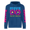 Navy blue cotton hoodie with 'FOREVER' donut graphic, DAKUM sleeve prints, youth fashion style