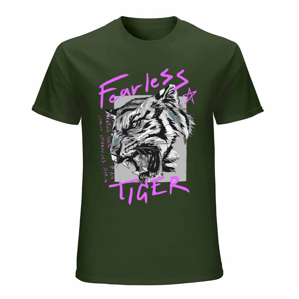 Men's dark green cotton Fearless Tiger graphic tee, collection. Fearless Tiger print.