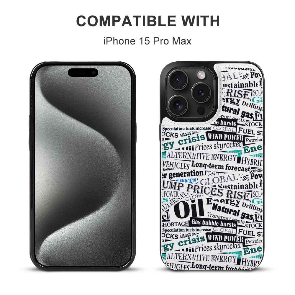 iPhone 15 Pro Max case, TPU leather, text print design, card slot, full protection