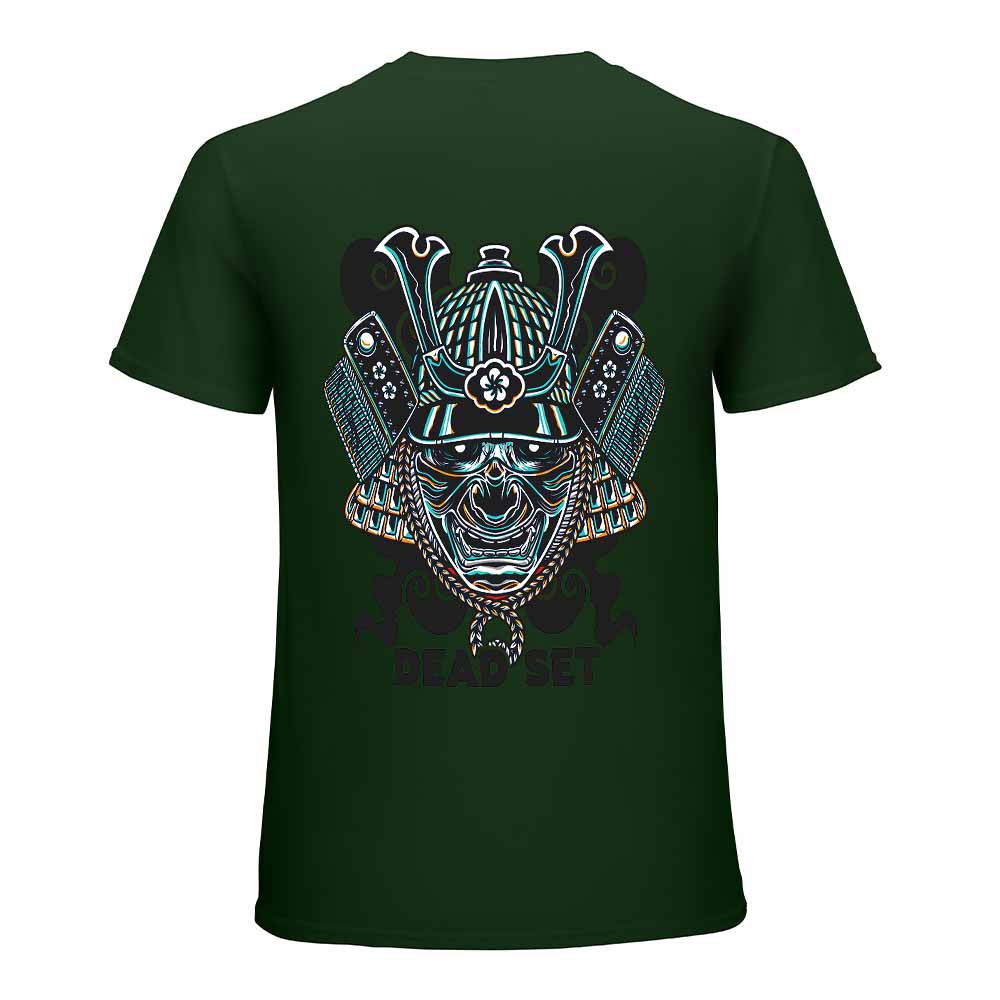 Dark green cotton men's T-shirt featuring a samurai skull design, perfect for leisure and events.