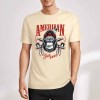 Cream cotton short-sleeved T-shirt with 'AMERICAN LEGEND' gorilla graphic print, summer fashion.