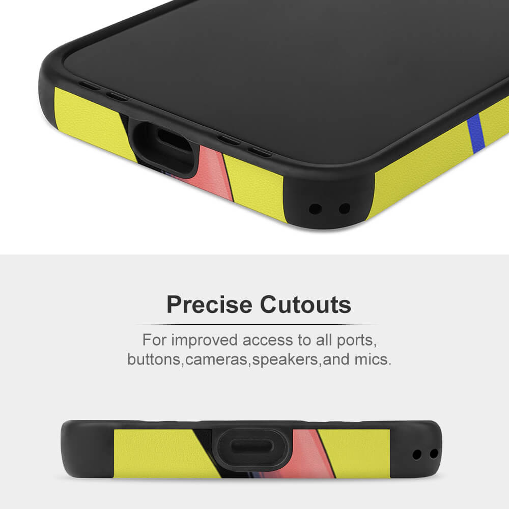 iPhone 12 series microfiber case with precise cutouts and abstract geometric design, yellow base