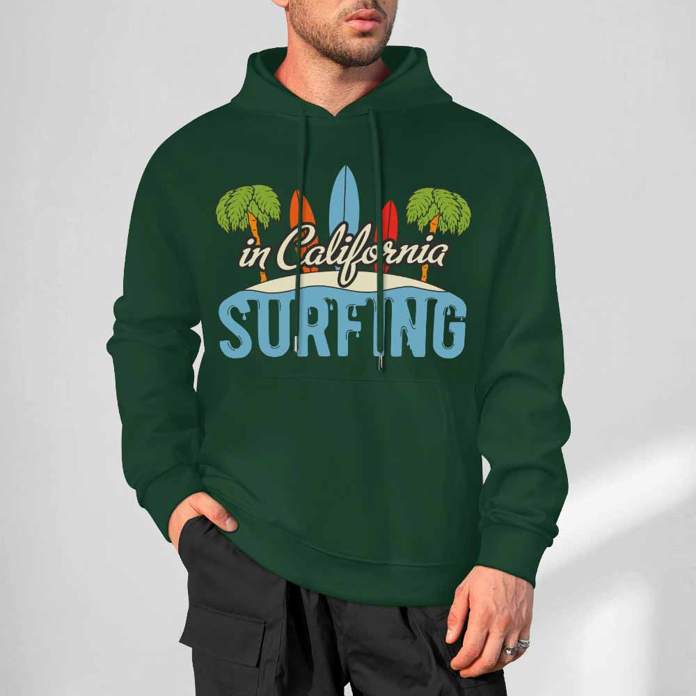 Green cotton hoodie with California Surfing graphic, loose fit, suitable for daily wear.