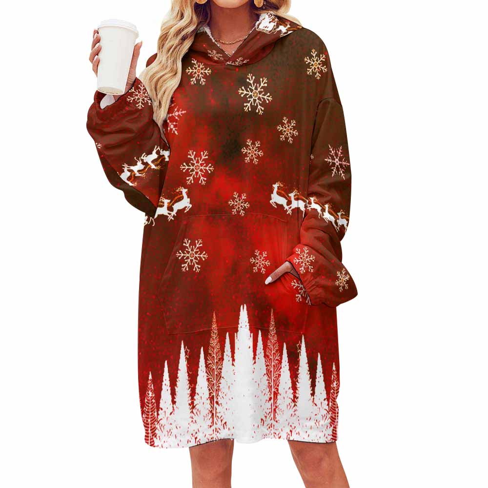 Red snowflake Women's Hooded Blanket Shirt, oversized polyester blanket sweater, perfect for gifting.