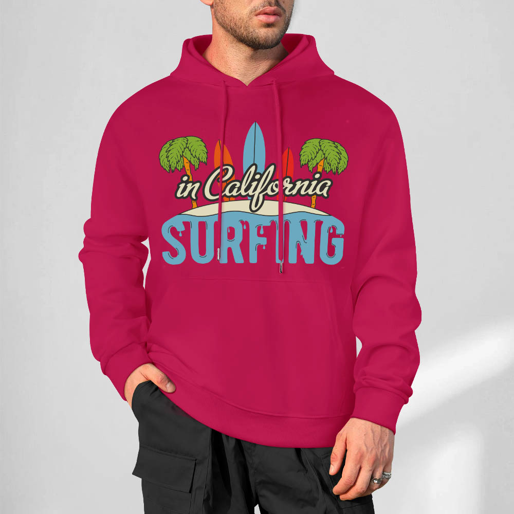 Hot pink cotton California Surfing hoodie, loose fit design, suitable for daily wear