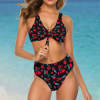 Women's Black Safflower Bikini Swimsuit with Bowknot Design, High Waist
