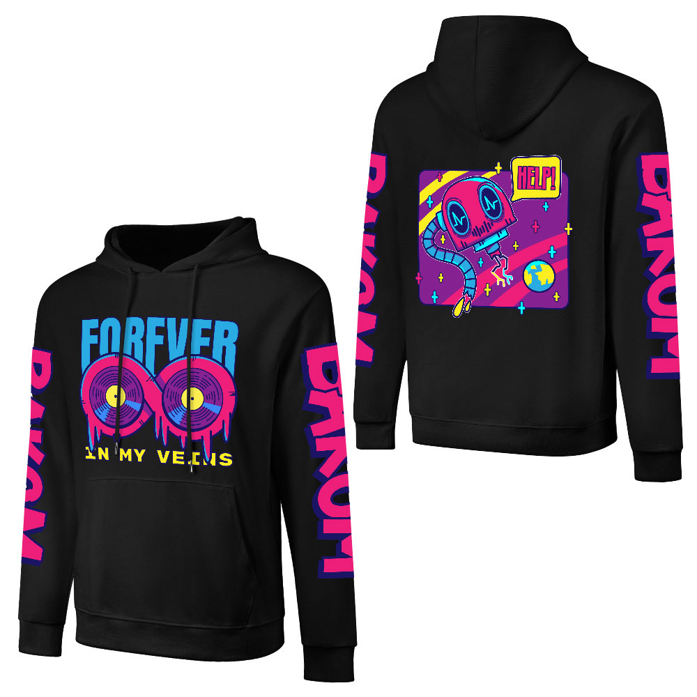 Black cotton hooded sweater with 'FOREVER 99' design and sleeve prints, youth fashion style.