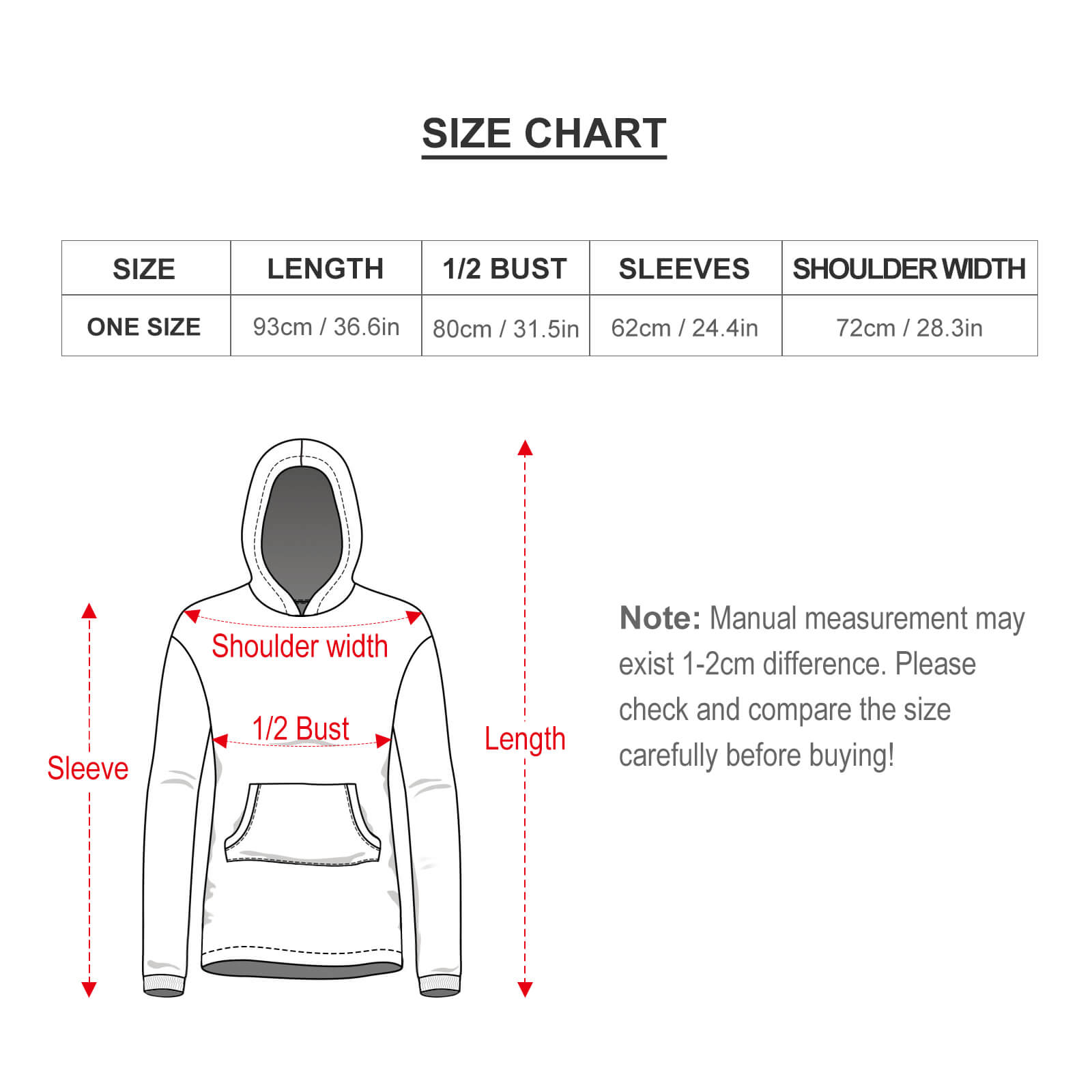 Women's Hooded Blanket Shirt Size Chart, showing measurements for length, bust, sleeves, and shoulder width, polyester