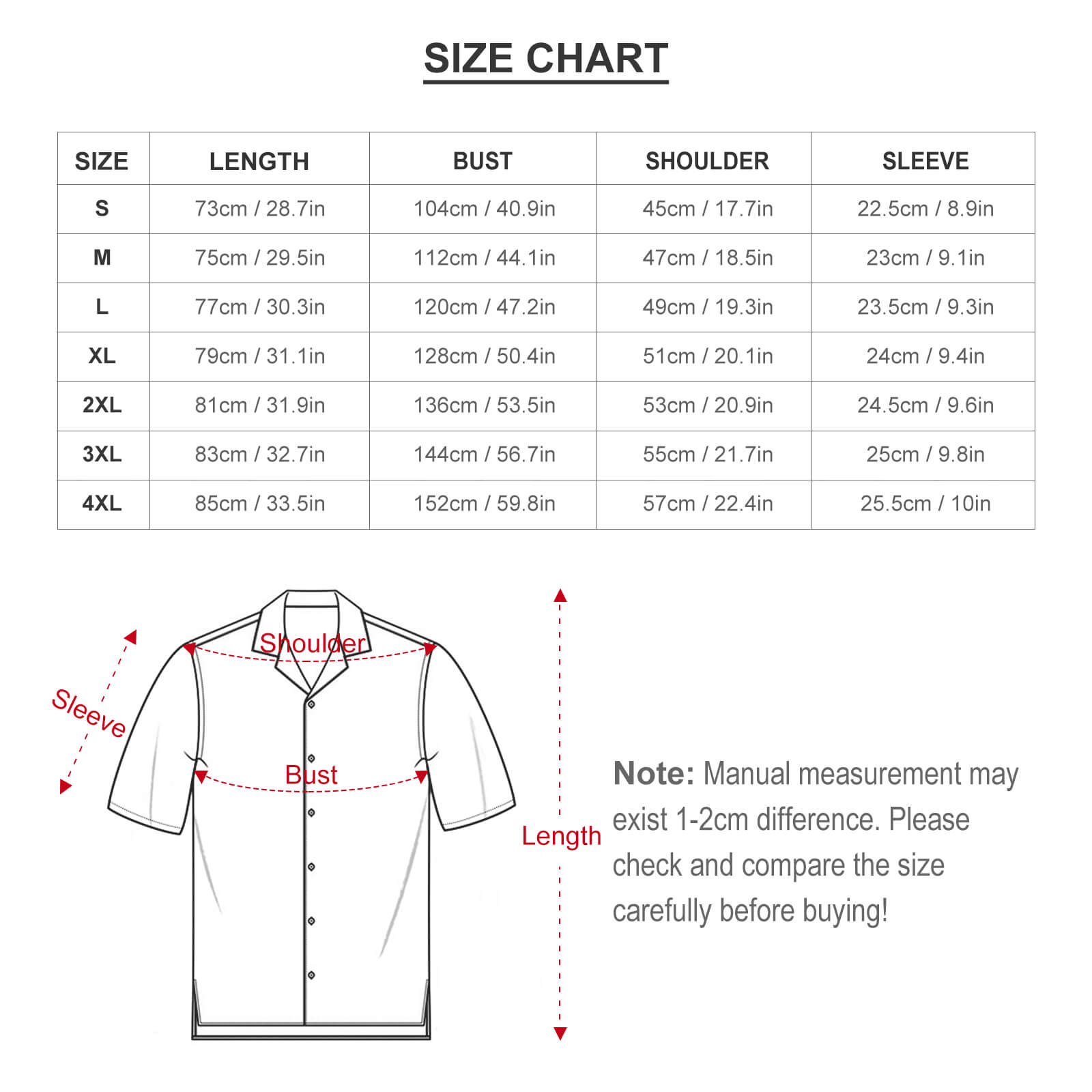 Cuban collar shirt size chart, polyester fabric dimensions, showing length, bust, shoulder, and sleeve measurements in cm/in.