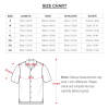 Cuban collar shirt size chart, polyester fabric dimensions, showing length, bust, shoulder, and sleeve measurements in cm/in.