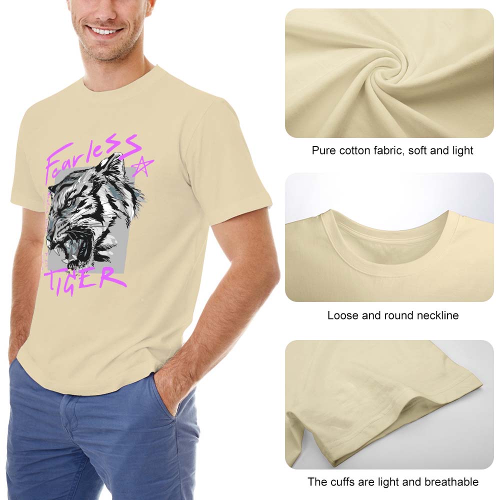 Beige cotton men's Fearless Tiger graphic T-shirt, front and details view, collection.
