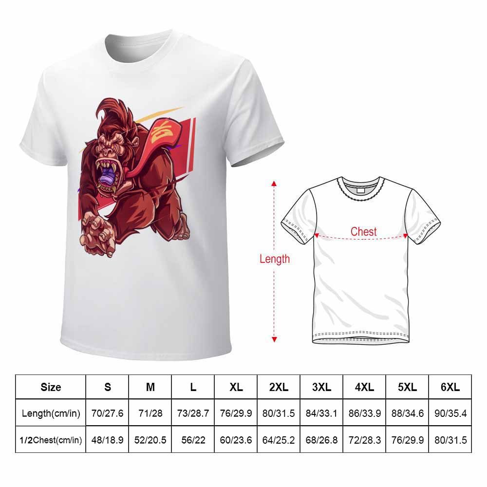 Men's white cotton t-shirt with red monster graphic and size chart | Inkedjoy
