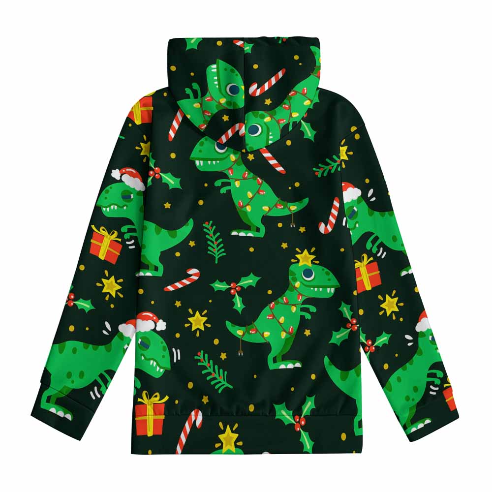 Green dinosaur turtleneck youth hoodie, suitable for spring, autumn, and winter wear.