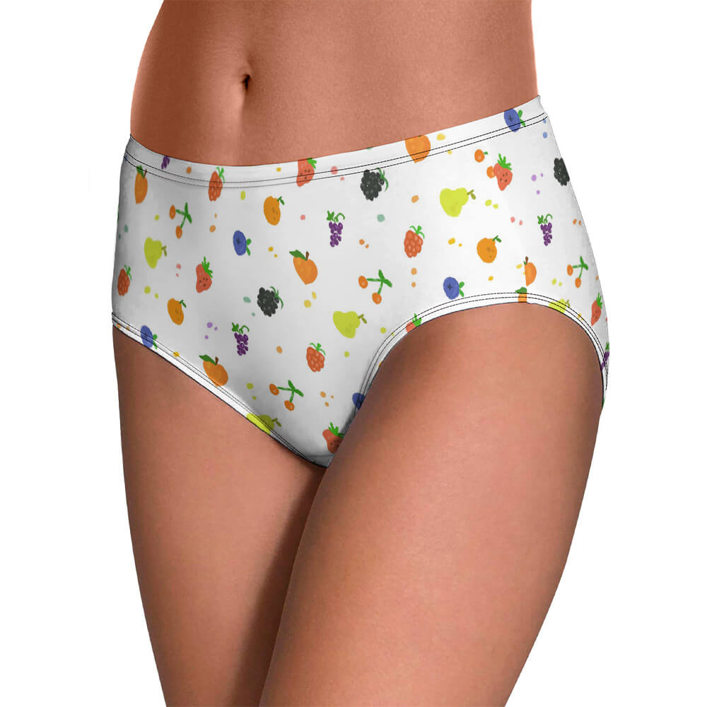 Women's white polyester underwear with colorful patterns, comfortable elastic waistband, for everyday wear.