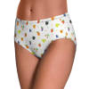 Women's white polyester underwear with colorful patterns, comfortable elastic waistband, for everyday wear.