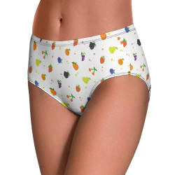 Women's white polyester underwear with colorful patterns, comfortable elastic waistband, for everyday wear.