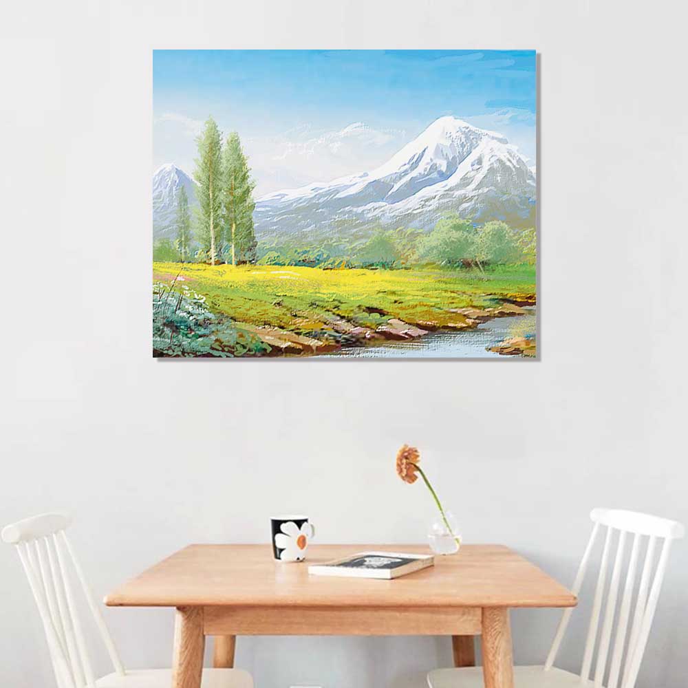 Canvas print of scenic landscape with mountain, river, and trees. Perfect for home decor.