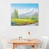 Canvas print of scenic landscape with mountain, river, and trees. Perfect for home decor.