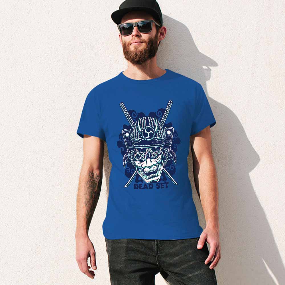 Blue cotton samurai skull T-shirt for men. Perfect for leisure and events. 100% cotton.