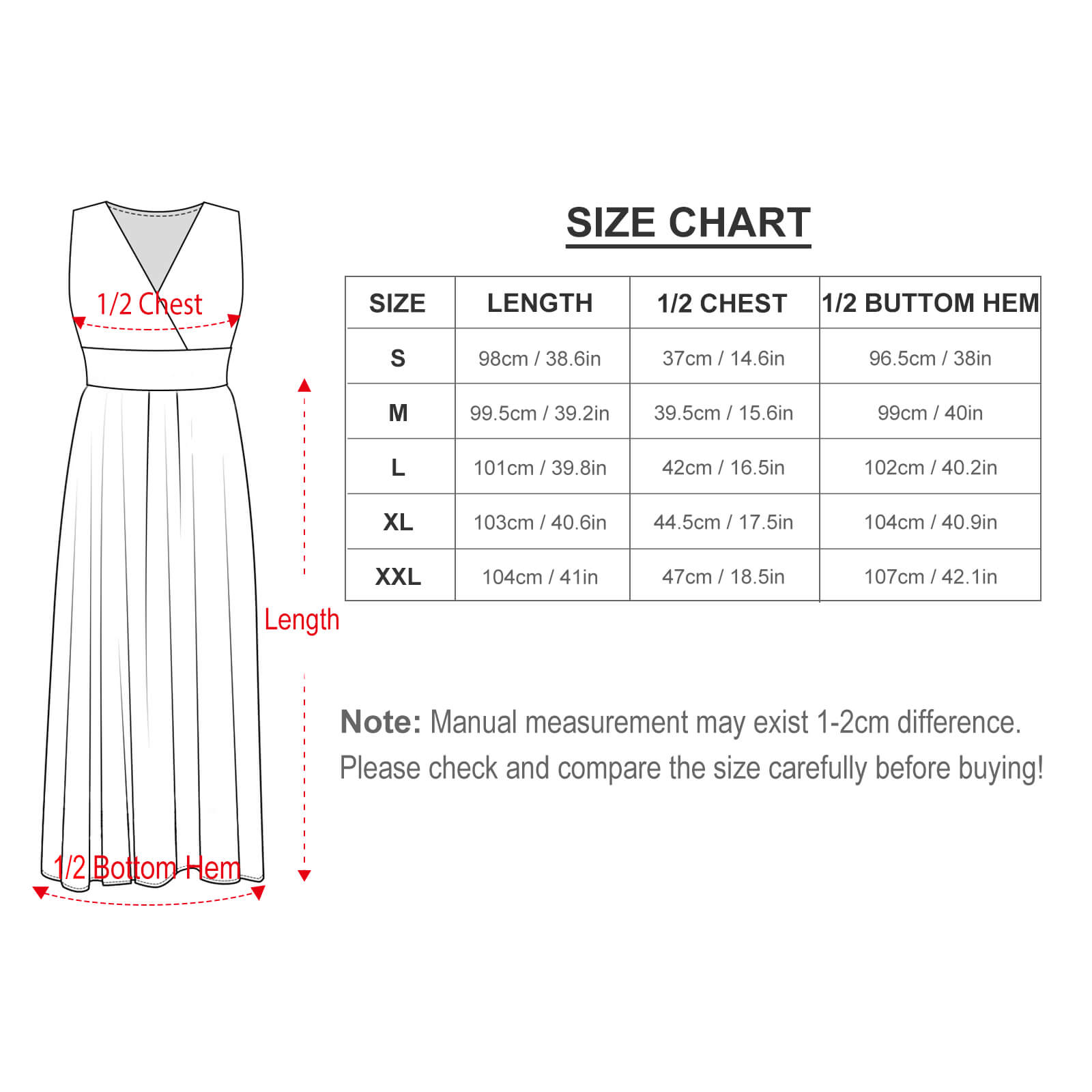Size chart for Temperament Ladies Sleeveless Dress with measurements in cm and inches