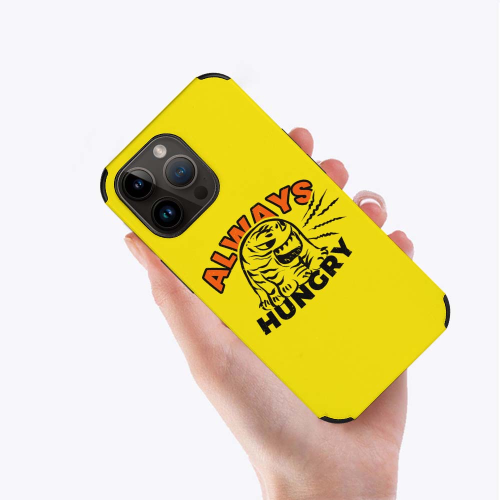 Yellow iPhone 14 fiber skin case featuring 'ALWAYS HUNGRY' graphic, scratch-resistant.