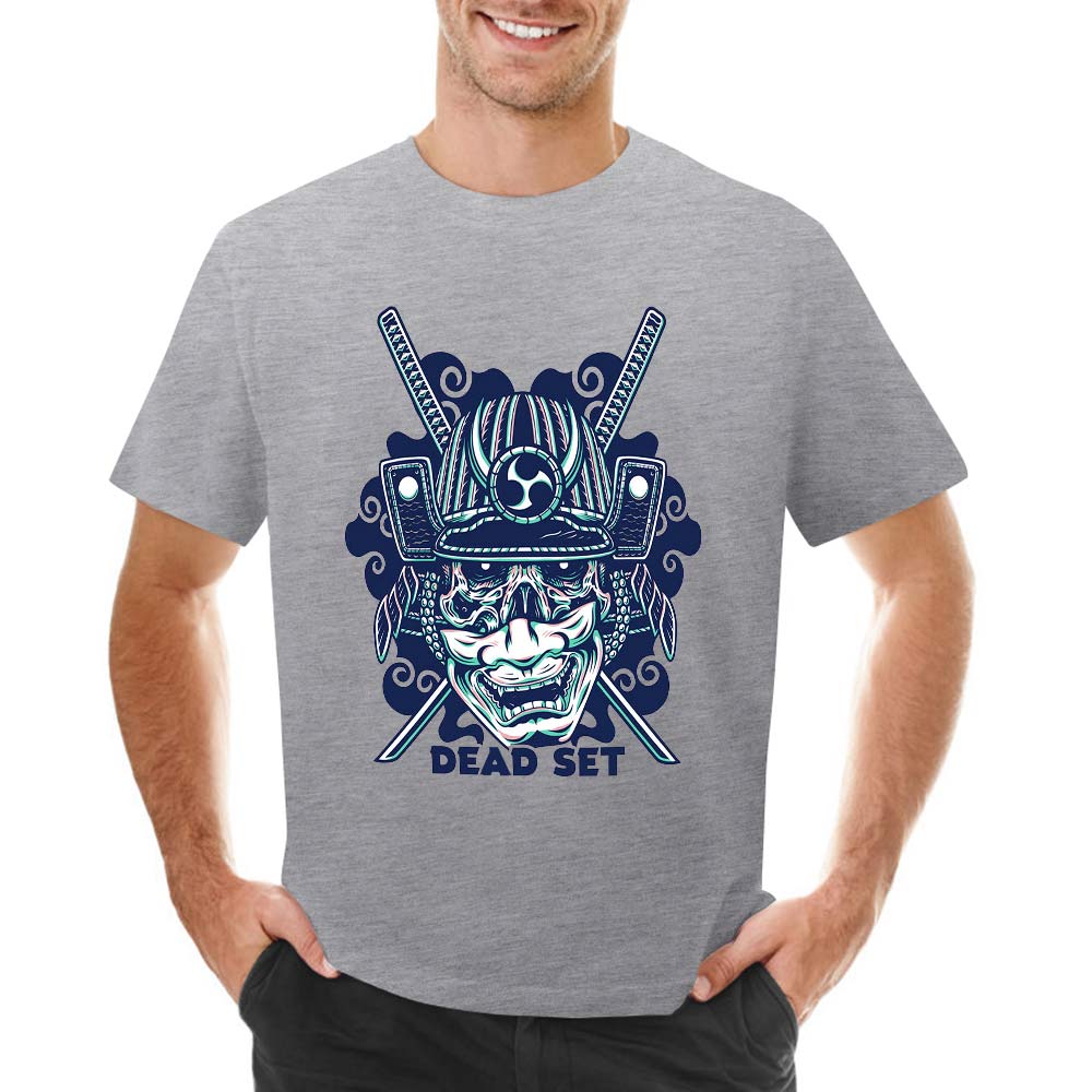 Grey cotton t-shirt with blue samurai skull design, perfect for leisure and events.