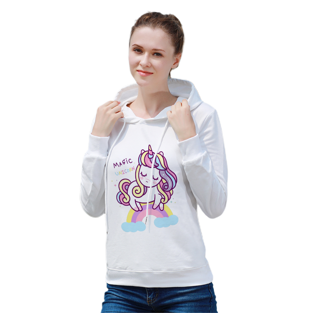 Women's white hoodie sweatshirt with a unicorn design, comfortable cotton blend