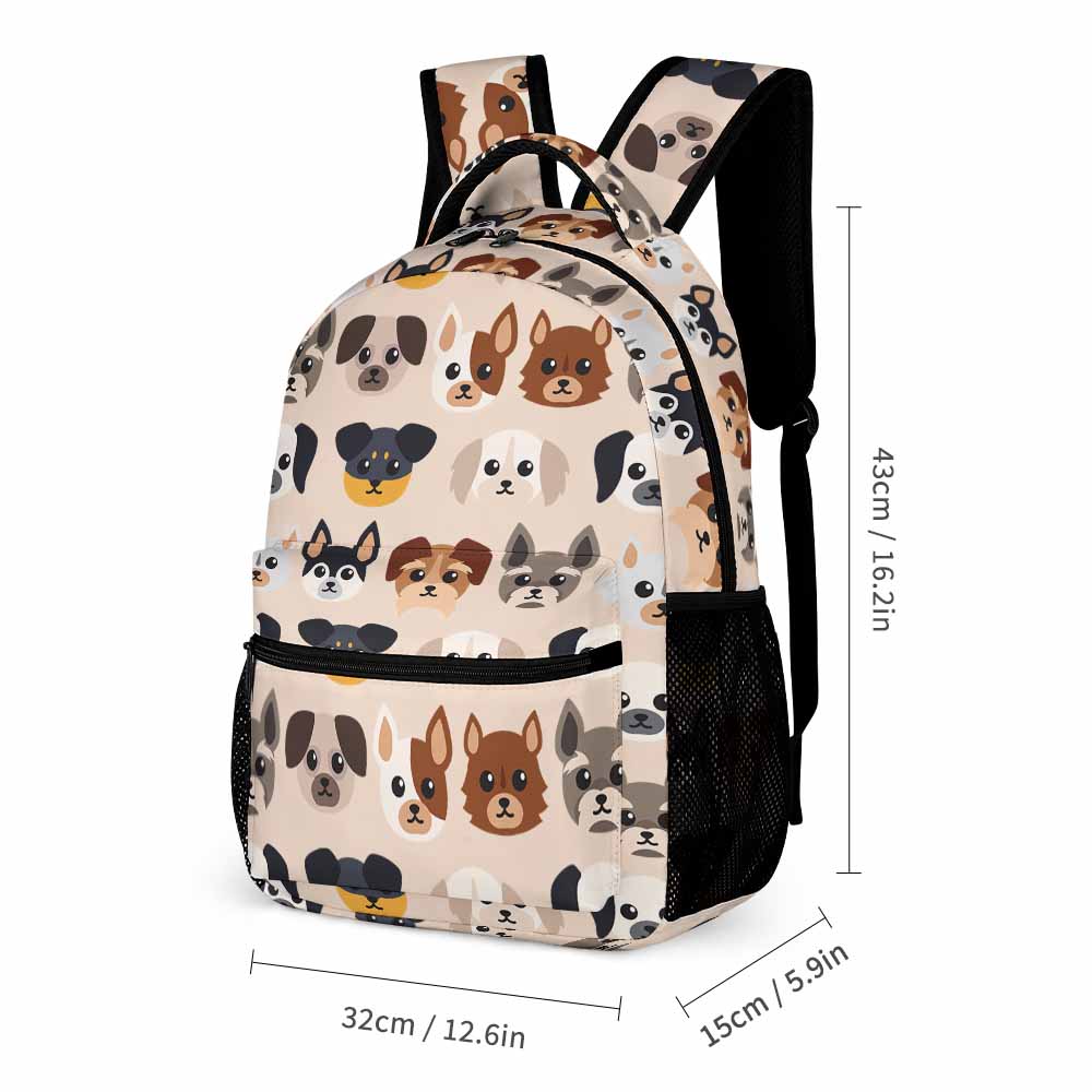 Schoolbag with cute dog pattern, front pocket and side pockets