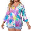 Women's ruffled petal sleeve top with vibrant watercolor pattern, button-breasted design, made of polyester and spandex