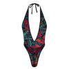 Women's black mesh jumpsuit underwear with floral print and halter neck.