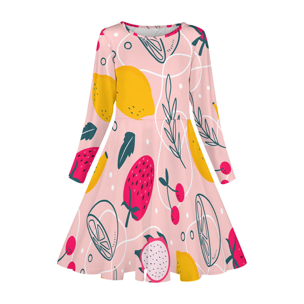 Girls' pink long sleeve dress with fruit pattern, perfect for daily wear.