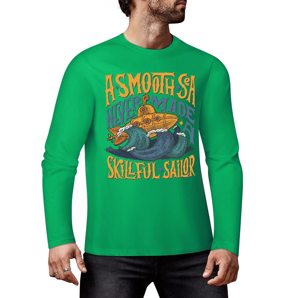 Green pure cotton long sleeve T-shirt featuring ASMODUS Shark Attack graphic for casual wear