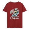Red cotton T-shirt featuring a Wild Wave California surfing design, summer fashion.