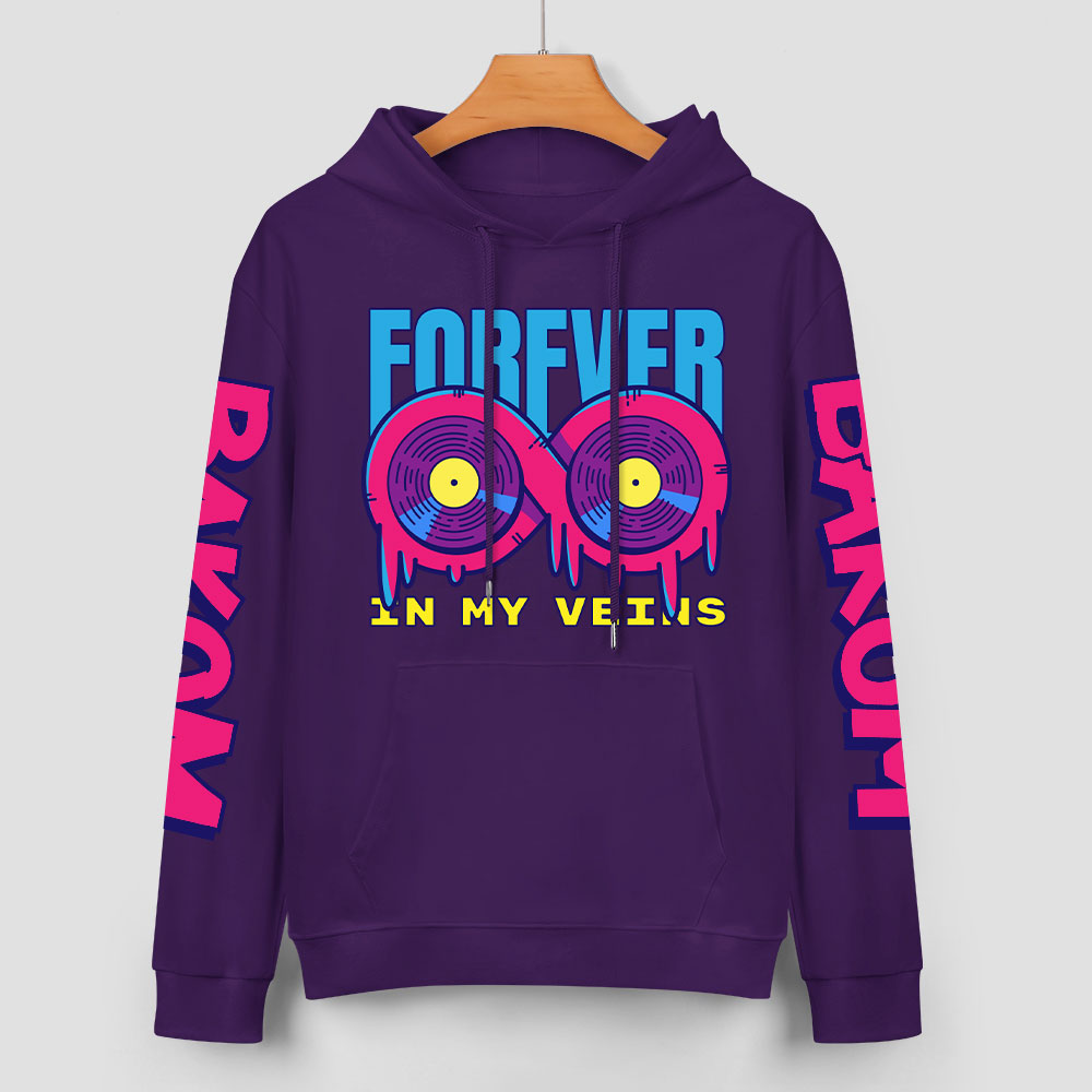Purple cotton hoodie with FOREVER donut graphic, DAKUM and CHRONM sleeve prints, youth fashion style