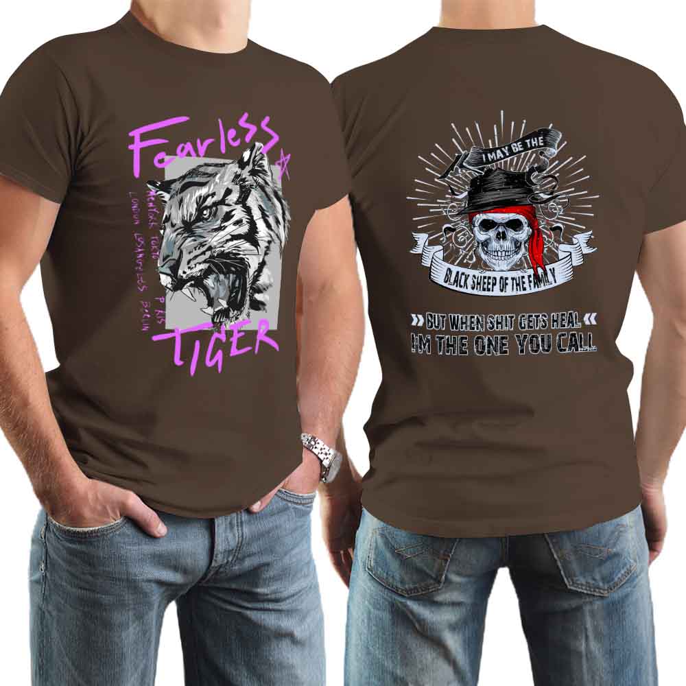 Brown cotton men's T-shirt with 'Fearless Tiger' graphic, front and back print.