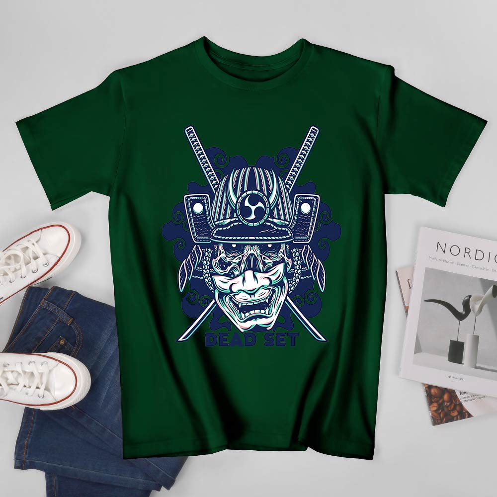 Dark green cotton samurai skull men's T-shirt, ideal for leisure and events. 100% cotton.