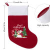Christmas stocking with snowman, red body, white cuff, and festive design