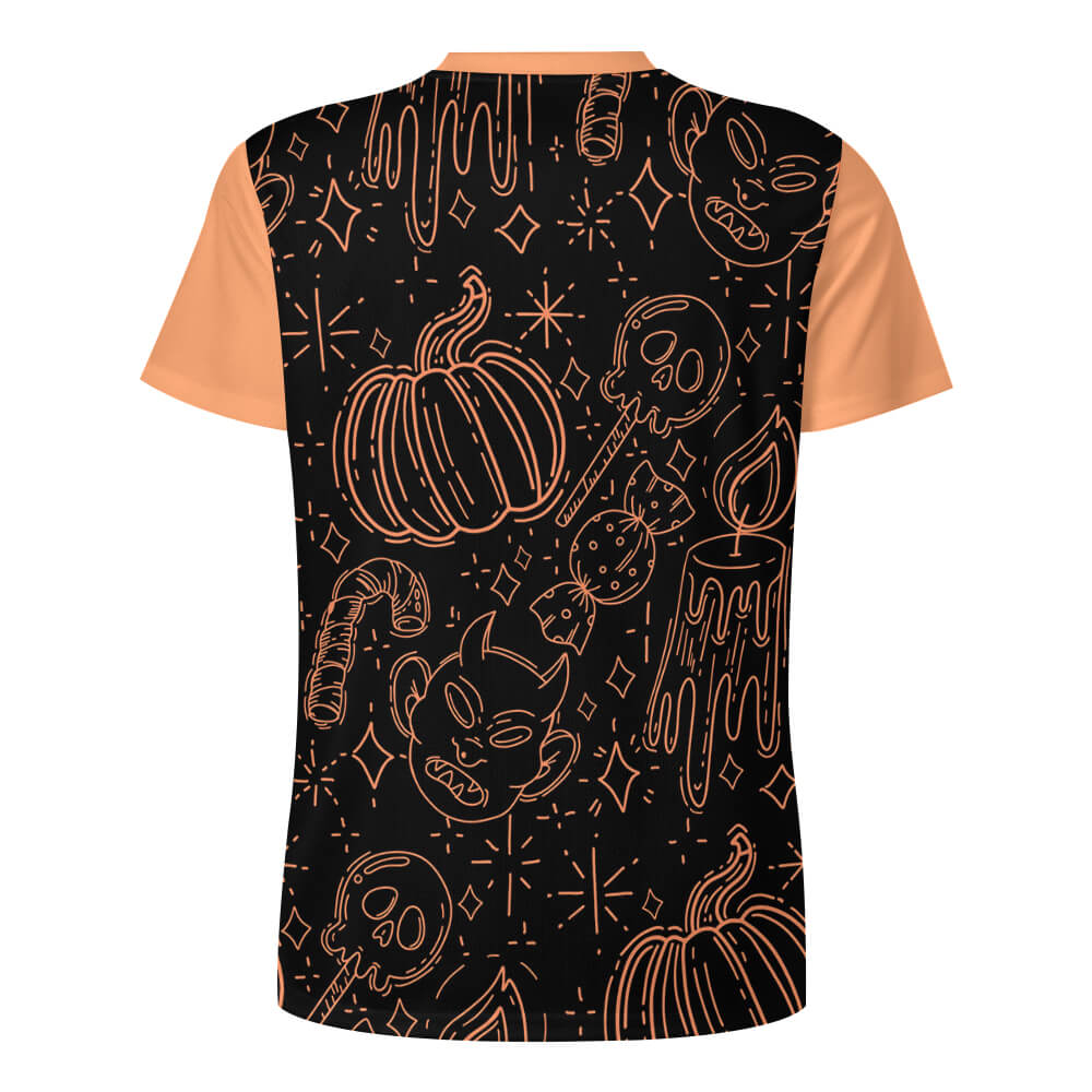 Ice silk Halloween T-shirt with orange sleeves and pumpkin pattern for men, perfect for summer wear.