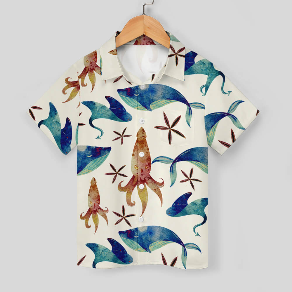 Children's short-sleeved shirt with rocket and sea animal patterns, light and breathable, made of premium four-way stretch.