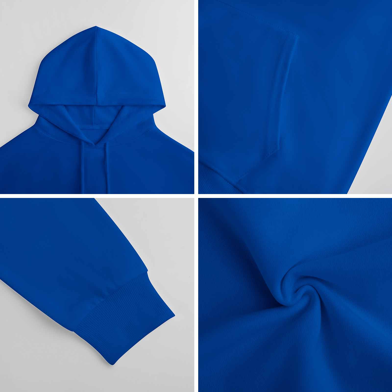 Royal blue cotton hooded sweater fabric details, youth fashion style.