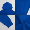 Royal blue cotton hooded sweater fabric details, youth fashion style.