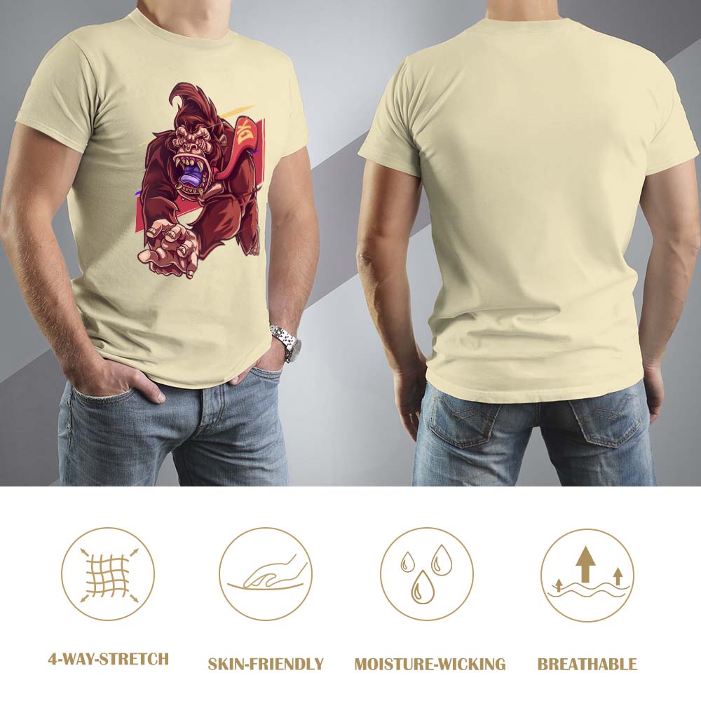 Men's beige cotton t-shirt with red monster graphic print, Inkedjoy design, 100% cotton, front and back view.