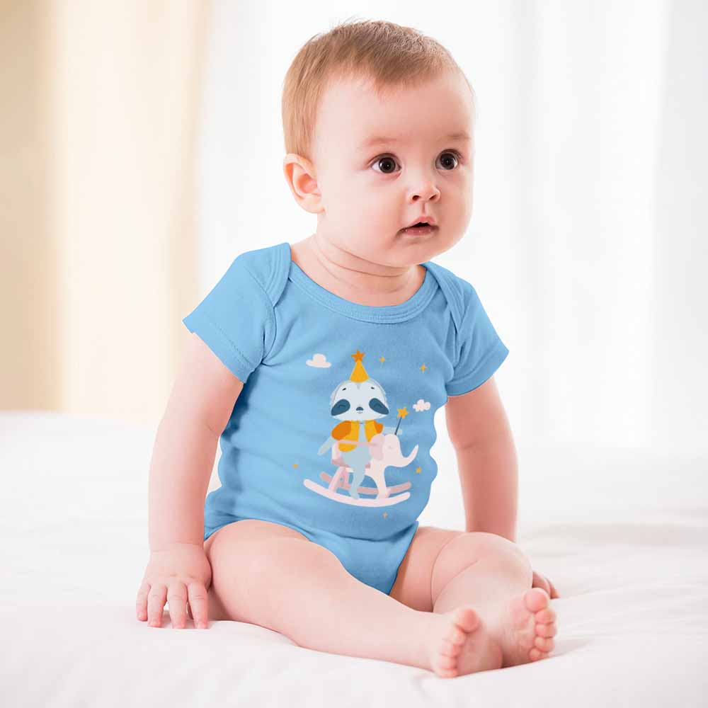 Light blue short-sleeve baby bodysuit with cartoon design, cotton, perfect for 3-24 months. Soft and skin-friendly.