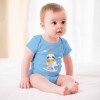 Light blue short-sleeve baby bodysuit with cartoon design, cotton, perfect for 3-24 months. Soft and skin-friendly.